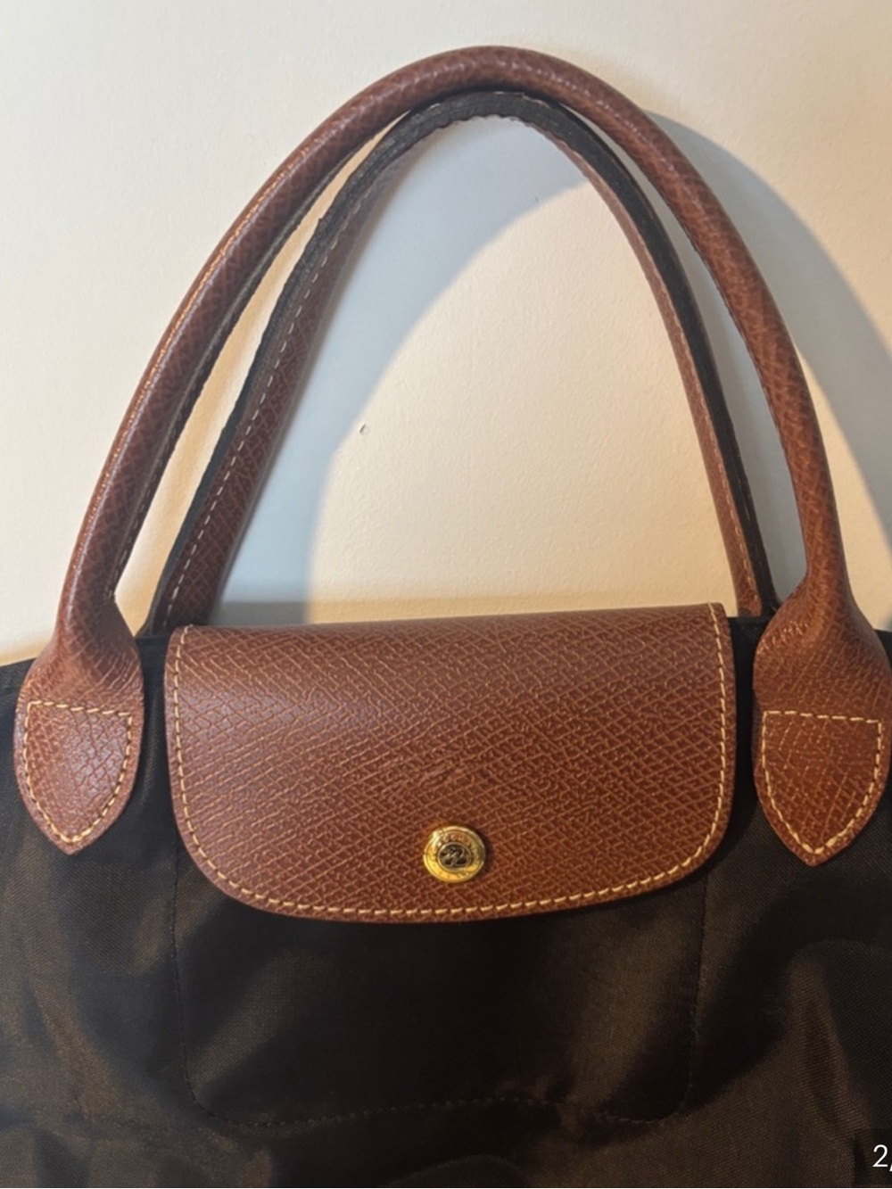 Longchamp Le Pliage Medium Black Tote with Brown Trim - Picture 2 of 5